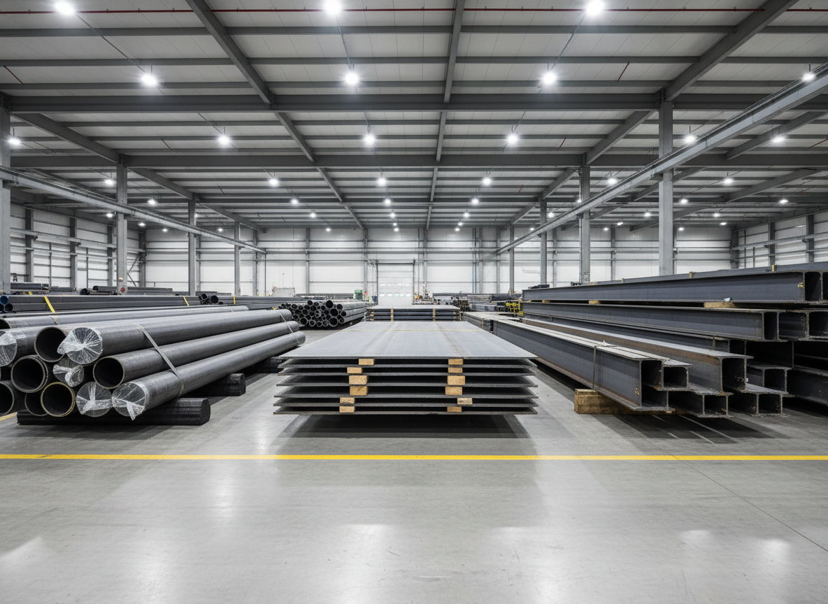 Premium warehouse with carbon steel pipes, structural W-beams, and full-size steel plates β Prime Steel Trading LLC