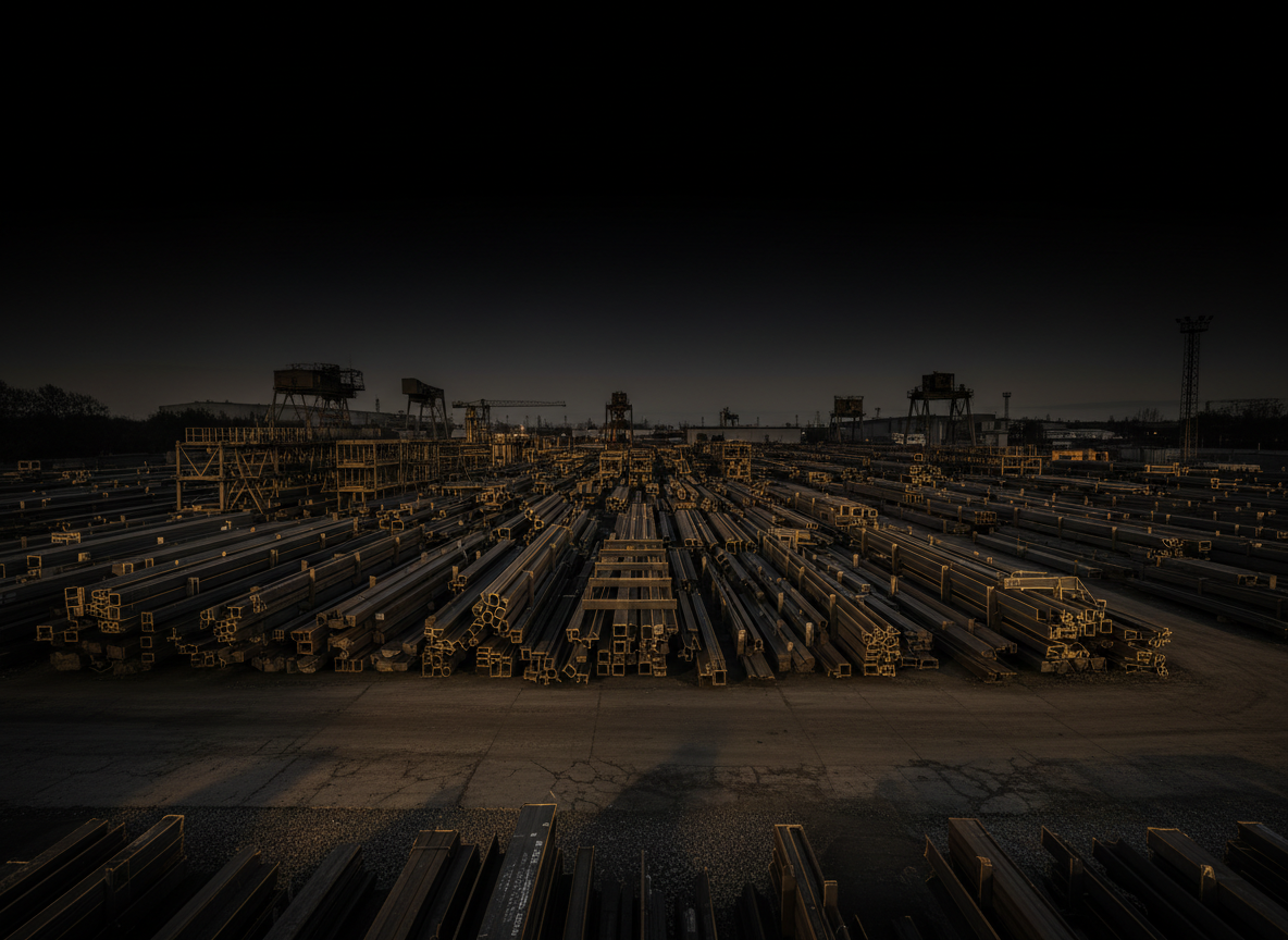 A dramatic wide industrial photograph of a massive steel storage yard at dusk, endless rows of stacked steel plates, structural beams, and pipe racks under a deep black sky with warm golden rim light.