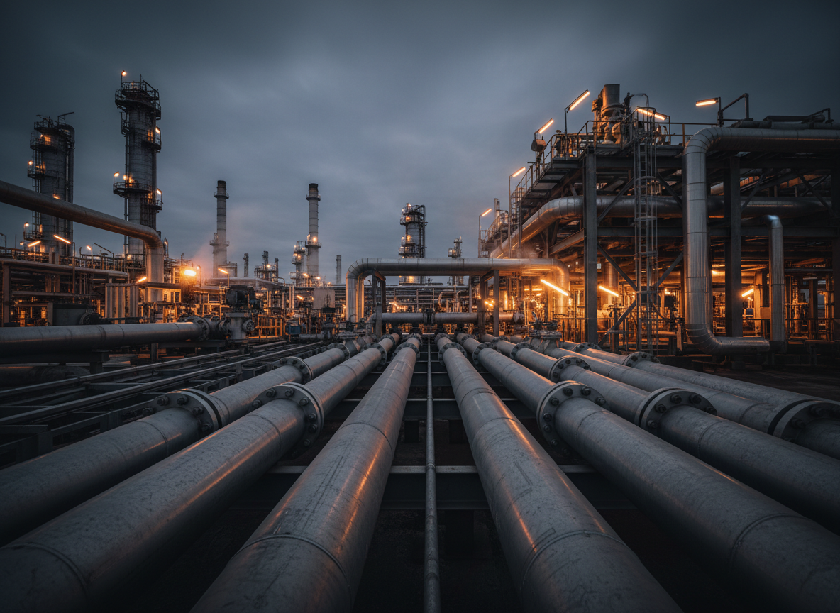 Realistic photograph of an industrial oil refinery pipe rack, rows of API 5L line pipes with heavy-duty flanges.