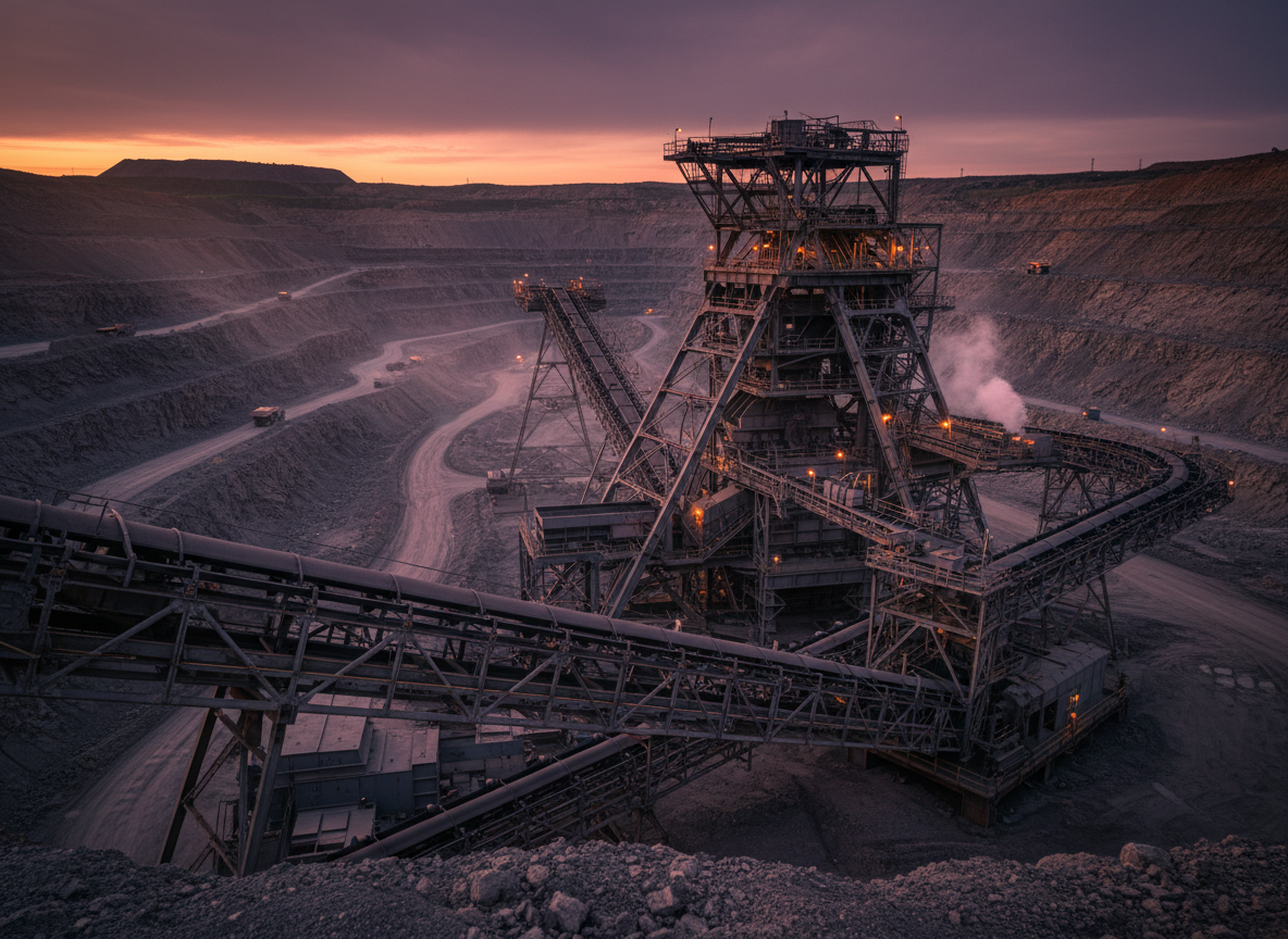 Realistic photograph of a large-scale mining operation, structural steel framework and conveyor structures.