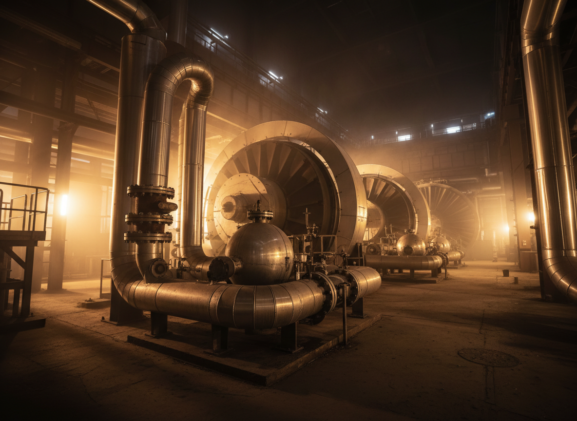 Industrial power plant interior showing boilers, high-pressure steel pipework and steam turbines with dramatic warm lighting