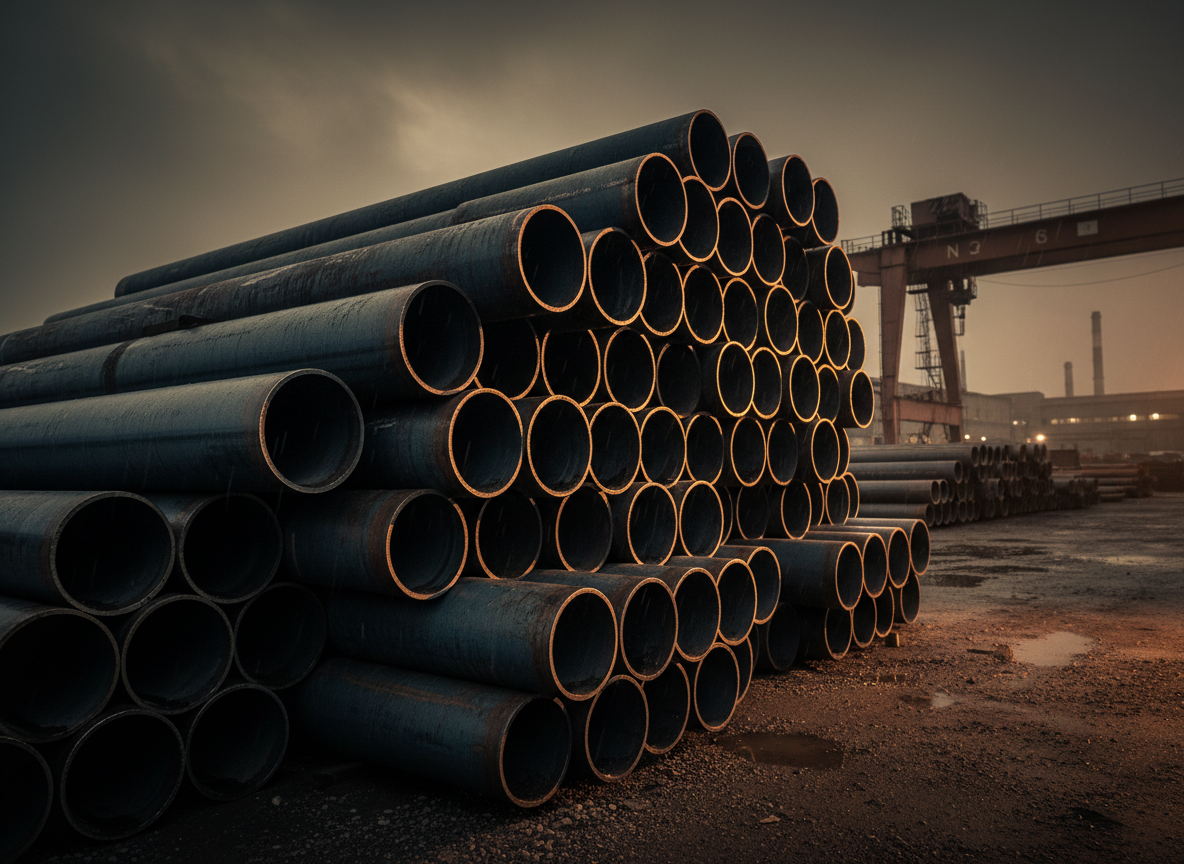 Stacked carbon steel seamless pipes in an industrial yard with warm gold lighting on the pipe ends
