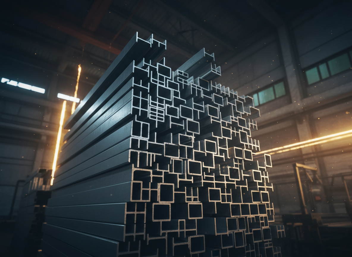 Stacked structural aluminum profiles and extrusions on a dark industrial background with warm gold lighting