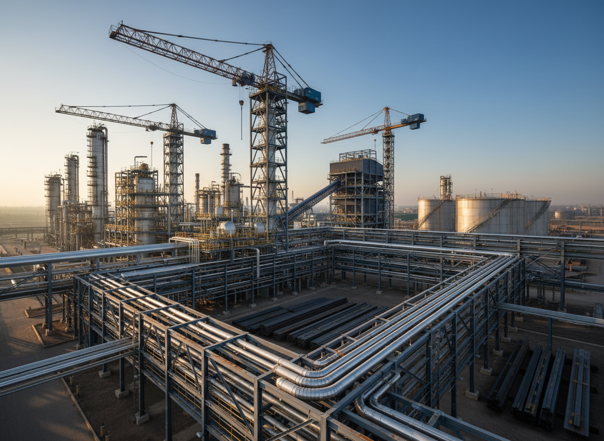 A premium photorealistic daylight scene of a modern heavy industrial complex. Wide-angle cinematic view featuring: tall distillation columns and refinery towers, large cylindrical oil storage tanks, intricate elevated pipeline networks, structural steel frameworks and beams, heavy-duty cranes, steel plates stacked on-site, and industrial scaffolding. Representing Oil & Gas, Petrochemical, Power Generation, Mining, and Infrastructure sectors. Natural daylight with a subtle warm golden-hour glow on metal surfaces. Color palette dominated by deep blacks, cool steel grays, industrial blues, and subtle metallic gold accents on equipment surfaces. Clear deep blue sky with faint industrial haze on the horizon. Ultra-realistic, cinematic composition with depth of field. Professional industrial photography style. No text, no logos, no people.